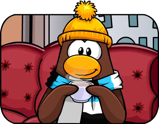 A penguin relaxing with hot chocolate at the Coffee Shop